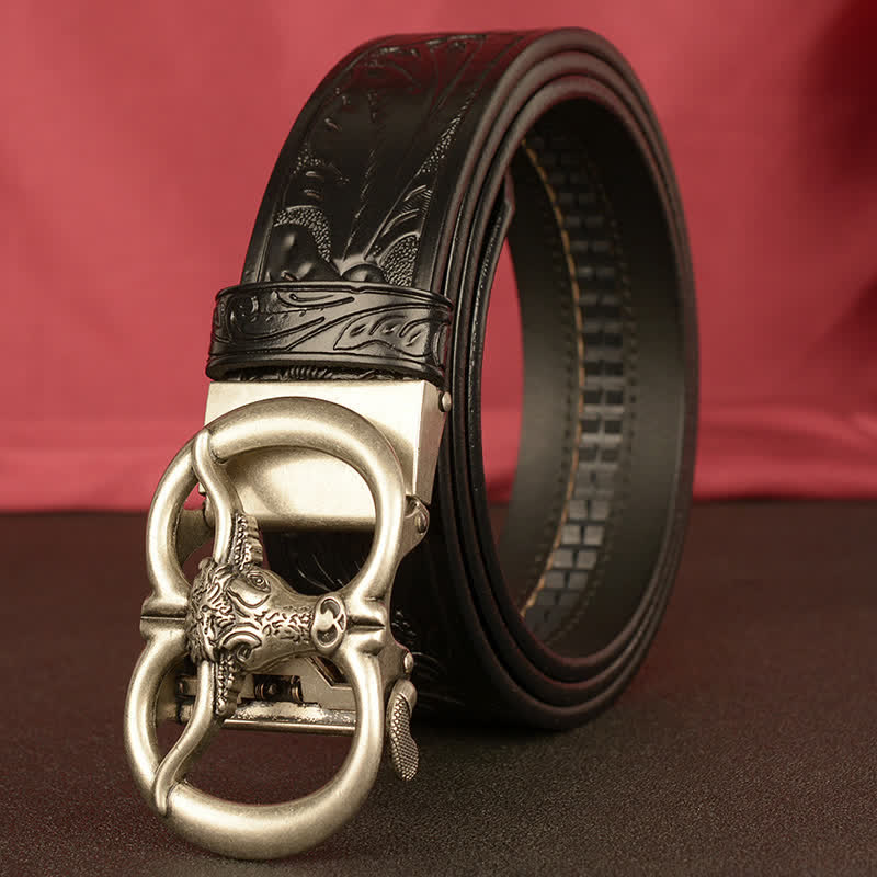 Men's Double Ring Bull Automatic Buckle Leather Belt