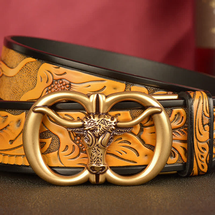 Men's Double Ring Bull Automatic Buckle Leather Belt