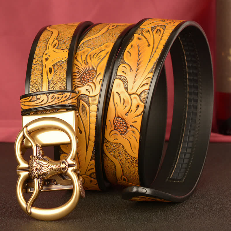 Men's Double Ring Bull Automatic Buckle Leather Belt