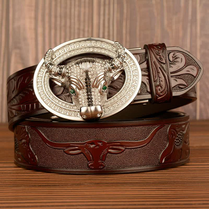 Men's Shinning Rhinestone Bull Automatic Buckle Leather Belt