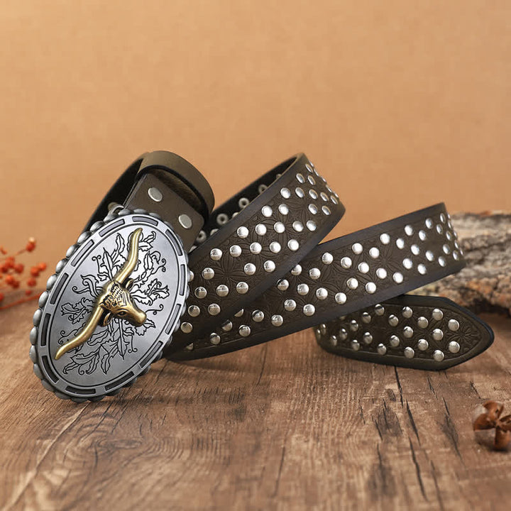 Men's Silver Bull Head Rivets Decors Leather Belt