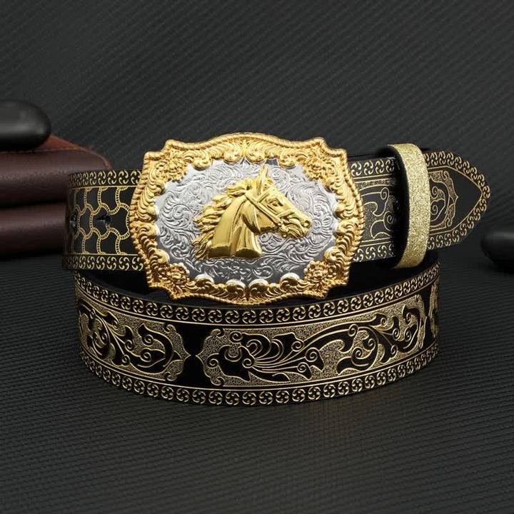 Men's Horse Bronzing Floral Embossed Print Leather Belt