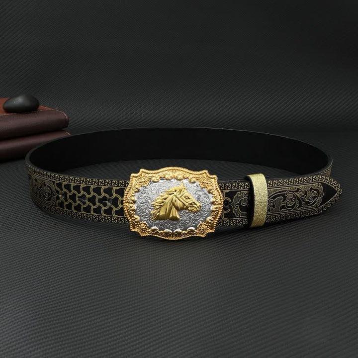 Men's Horse Bronzing Floral Embossed Print Leather Belt