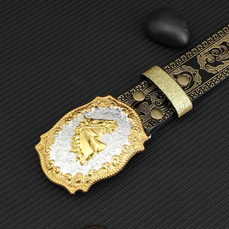 Men's Horse Bronzing Floral Embossed Print Leather Belt