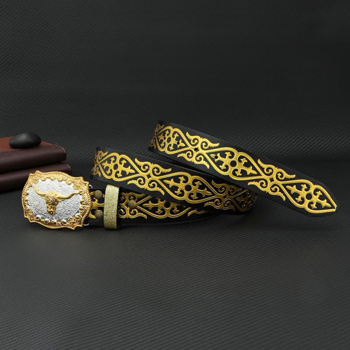 Men's Bull Bronzing Floral Embossed Print Leather Belt