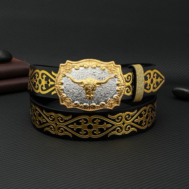 Men's Bull Bronzing Floral Embossed Print Leather Belt