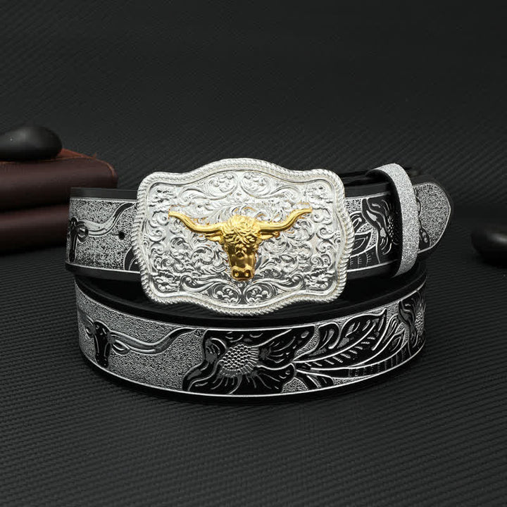 Men's Bull Black Silver Floral Embossed Print Leather Belt