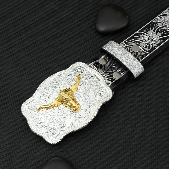 Men's Bull Black Silver Floral Embossed Print Leather Belt