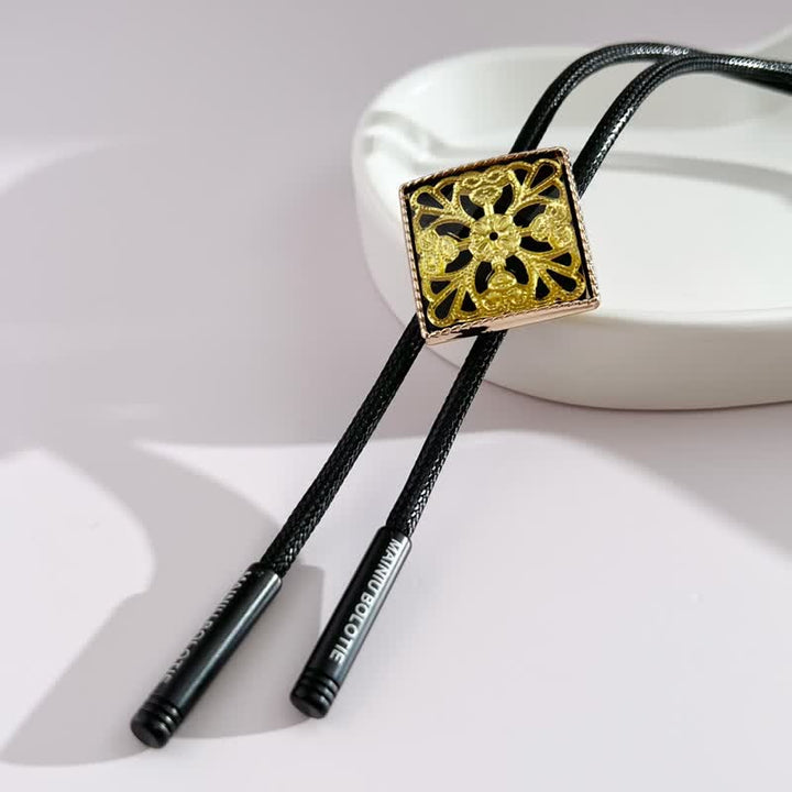 Gold Flower Pattern Diamond Shape Bolo Tie