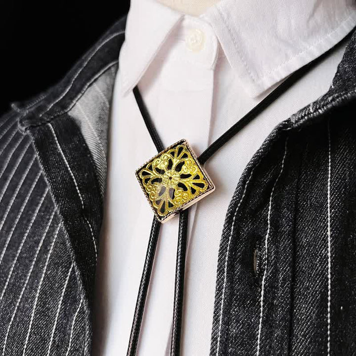 Gold Flower Pattern Diamond Shape Bolo Tie