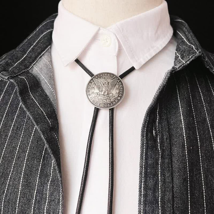 Round Flying Eagle Antique Silver Bolo Tie