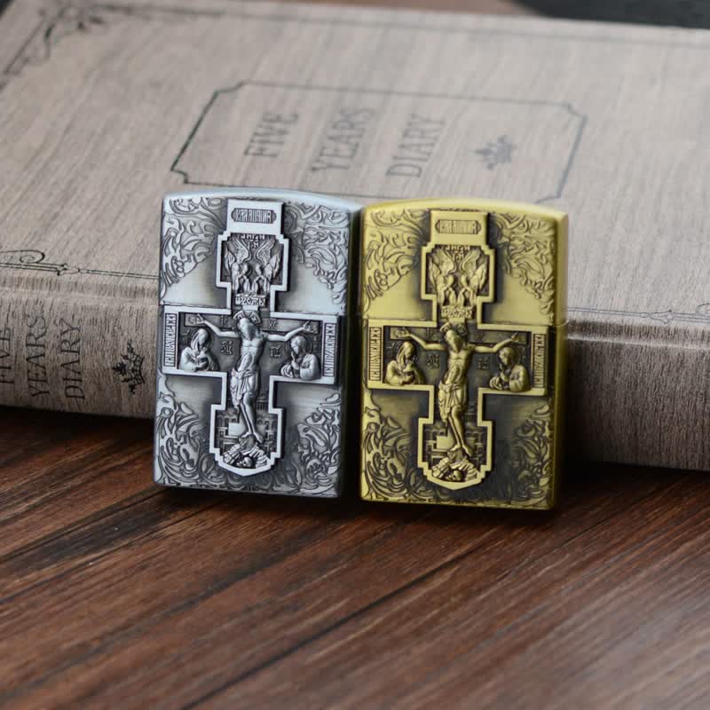 Cross Jesus Relief Grinding Wheel Refillable Butane Lighter