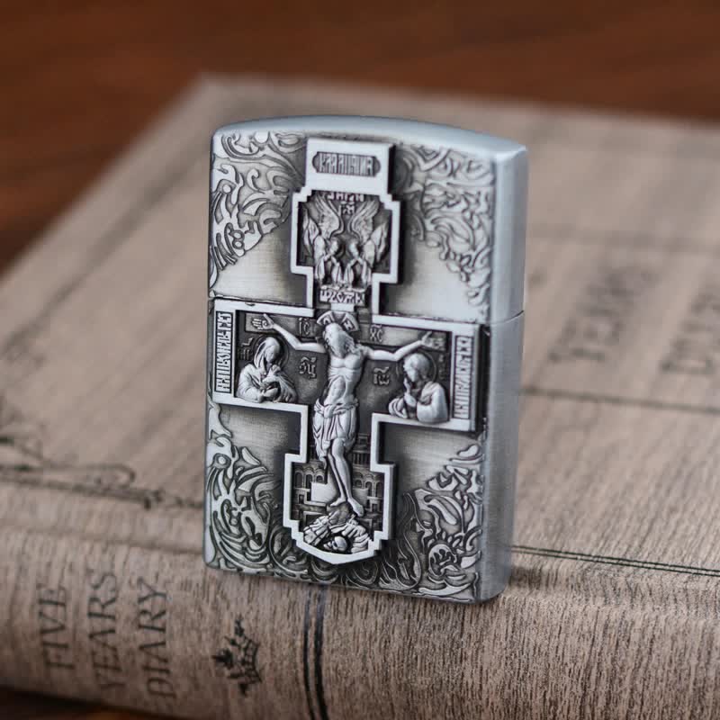 Cross Jesus Relief Grinding Wheel Refillable Butane Lighter