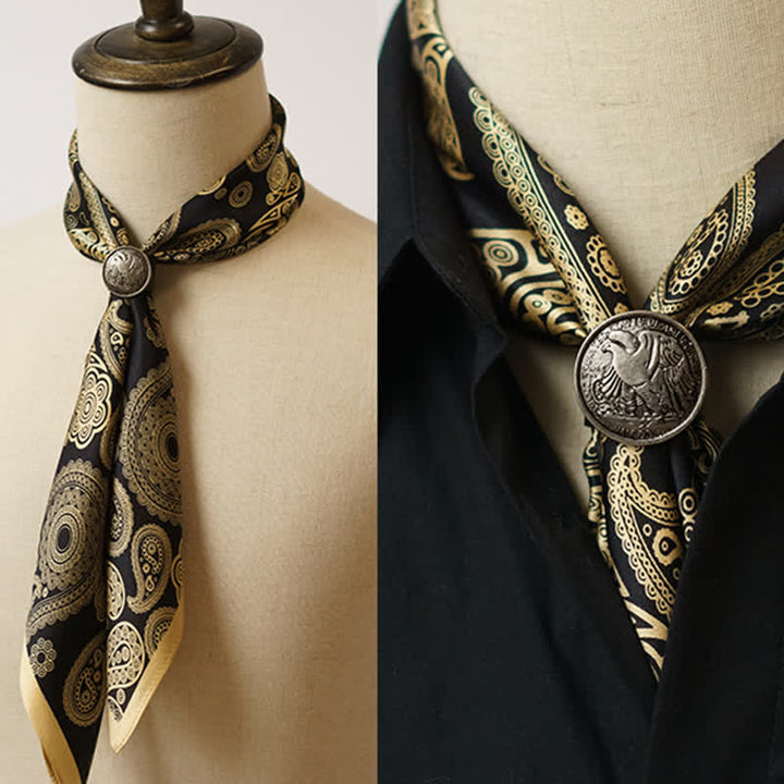 Black & Gold Luxury Paisley Square Scarf with Scarf Buckle