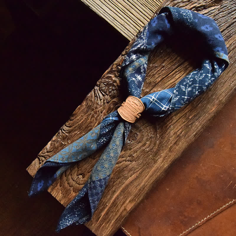 Blue Patchwork Square Scarf with Leather Scarf Buckle