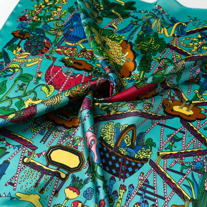 Cyan Botanical Paradise Square Scarf with Scarf Buckle