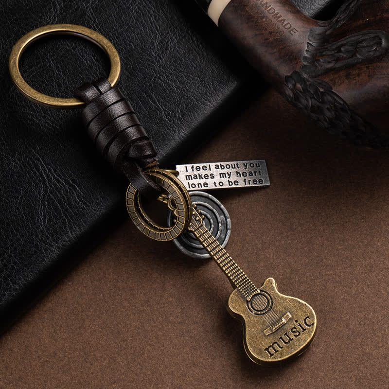 Cute Musical Guitar Pendant Leather Keychain