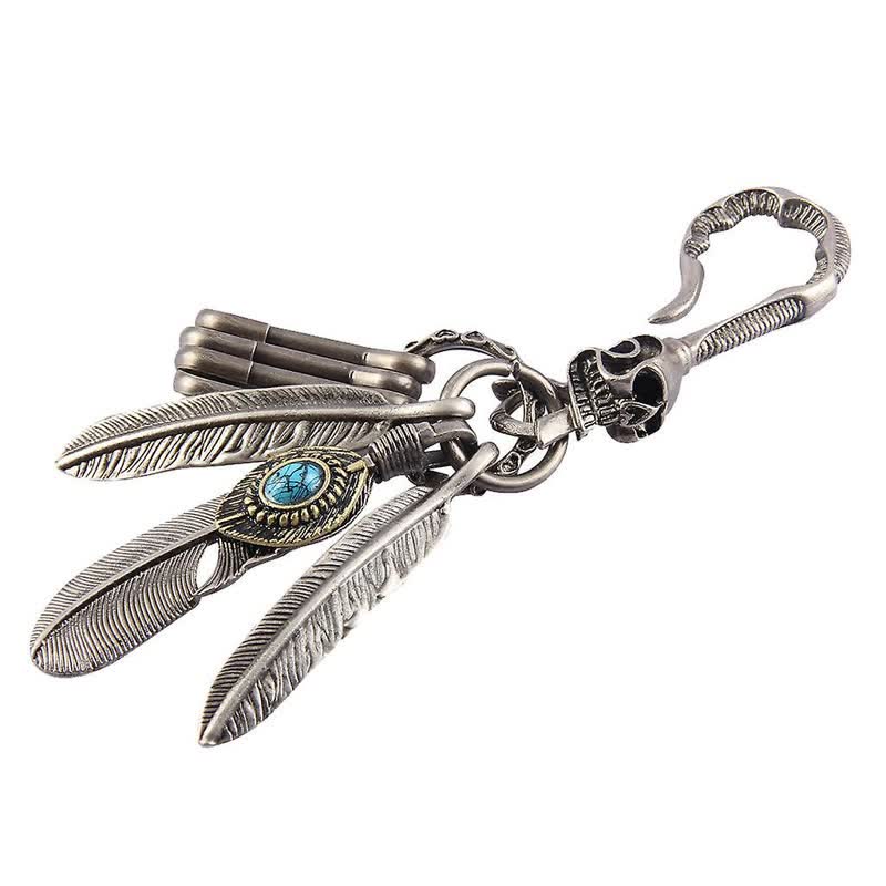 Boho Skull Feathers Blue Turquoise Leather Keychain