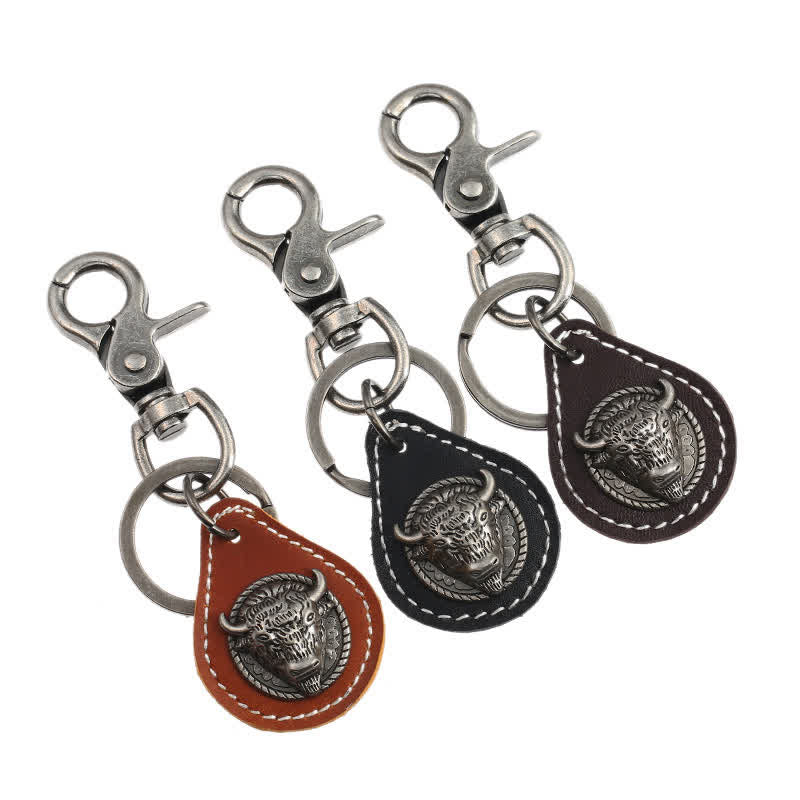 Punk Rock Bull Head Stitched Leather Keychain - image 5
