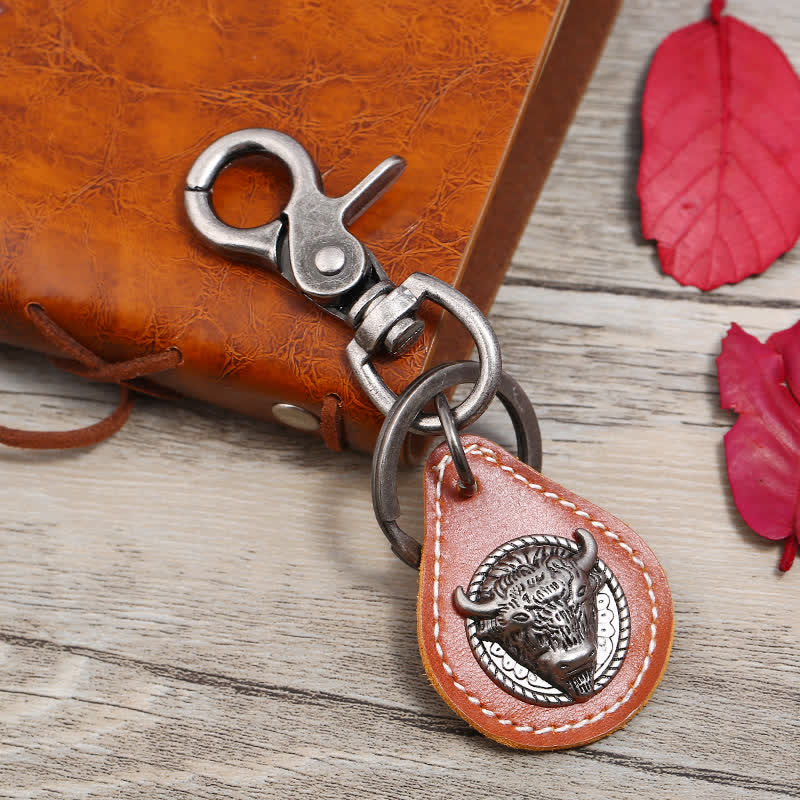 Punk Rock Bull Head Stitched Leather Keychain