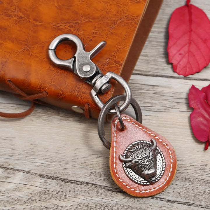 Punk Rock Bull Head Stitched Leather Keychain - Orange - image 4