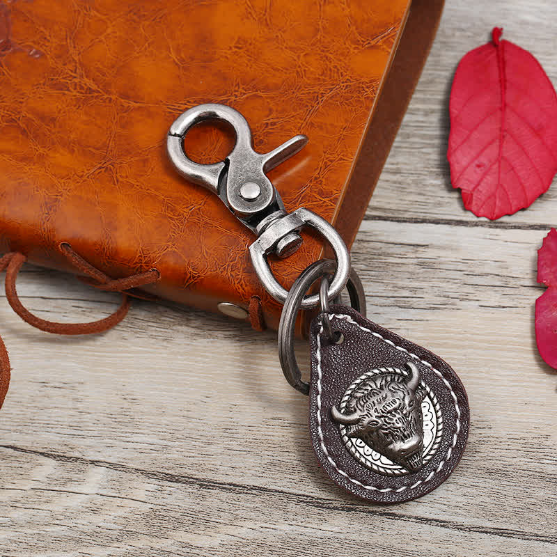 Punk Rock Bull Head Stitched Leather Keychain