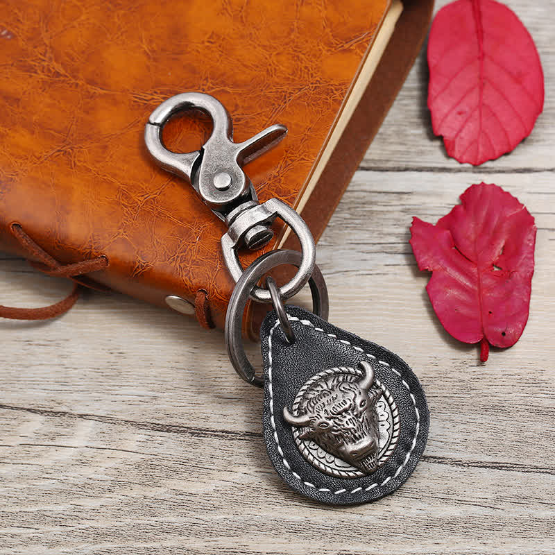Punk Rock Bull Head Stitched Leather Keychain - Black - image 1