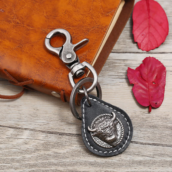 Punk Rock Bull Head Stitched Leather Keychain - Black - image 1