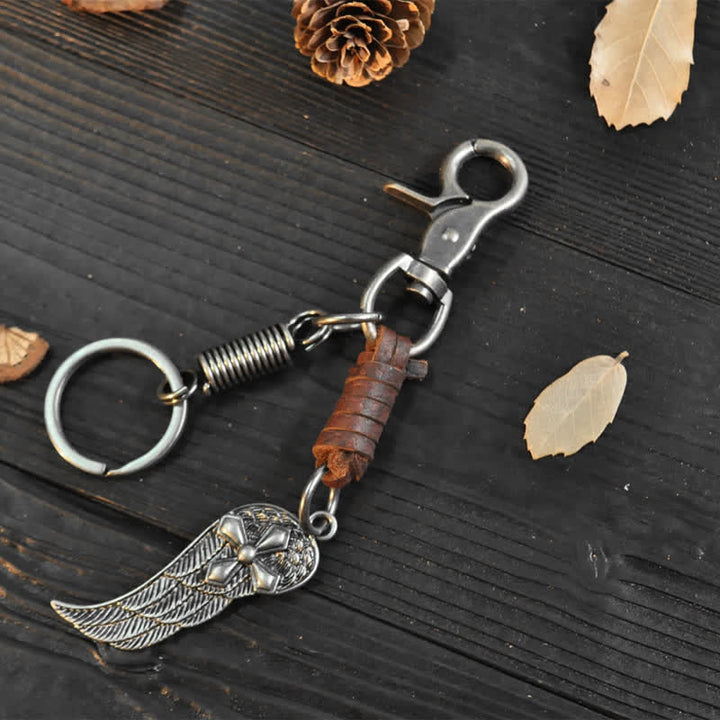 Small Cross Angel Wings Ornaments Leather Keychain - Brown - image 6