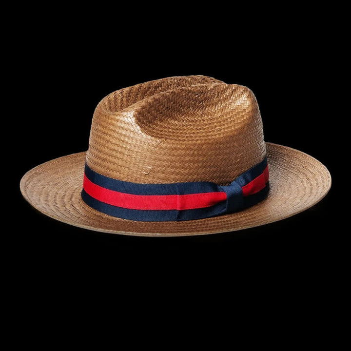 Decorative Red & Navy Ribbon Cowboy Weave Straw Hat