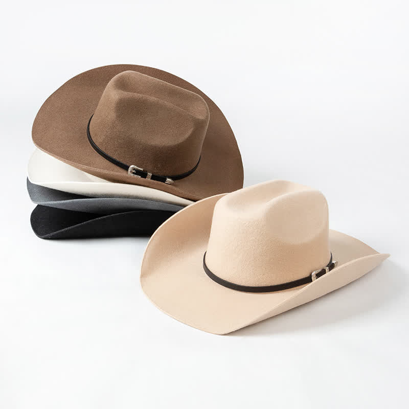 Various Solid Colors Black Leather Strap Cowboy Hat