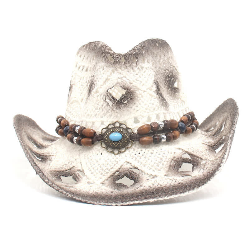 Boho Hollow-Out Beads String Cowboy Cowgirl Straw Hat