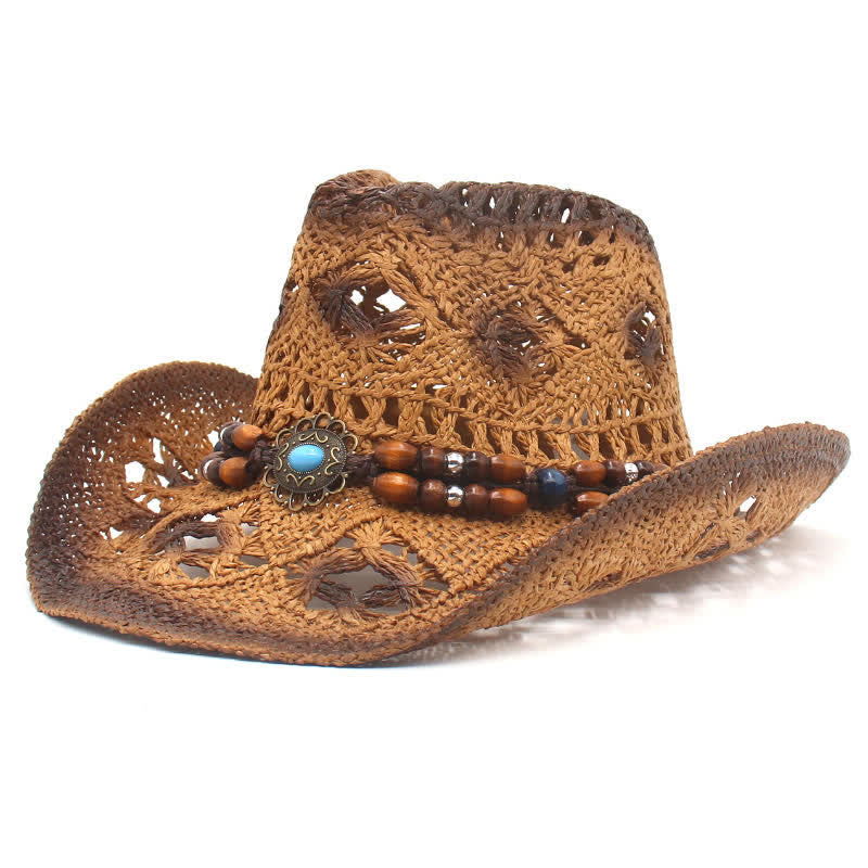 Boho Hollow-Out Beads String Cowboy Cowgirl Straw Hat - Coffee - M (22"-22 7/8") - image 0