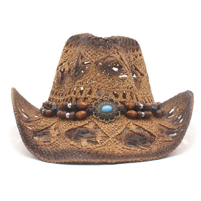 Boho Hollow-Out Beads String Cowboy Cowgirl Straw Hat - image 2