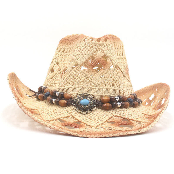 Boho Hollow-Out Beads String Cowboy Cowgirl Straw Hat