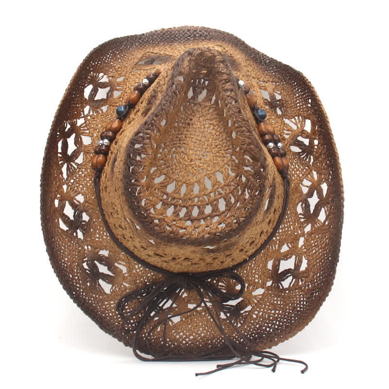 Boho Hollow-Out Beads String Cowboy Cowgirl Straw Hat - image 1