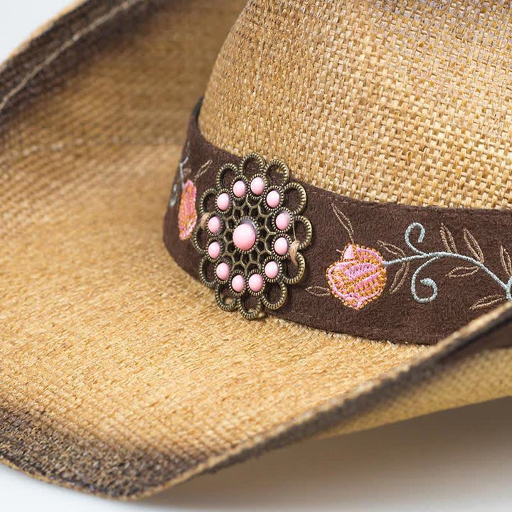 Pink Flower Western Party Cowgirl Cowboy Straw Hat