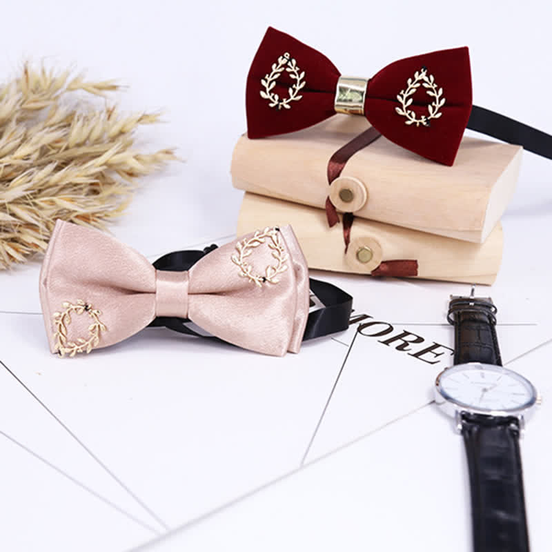 Men's Gold Applique Metal Leaf Decoration Bow Tie