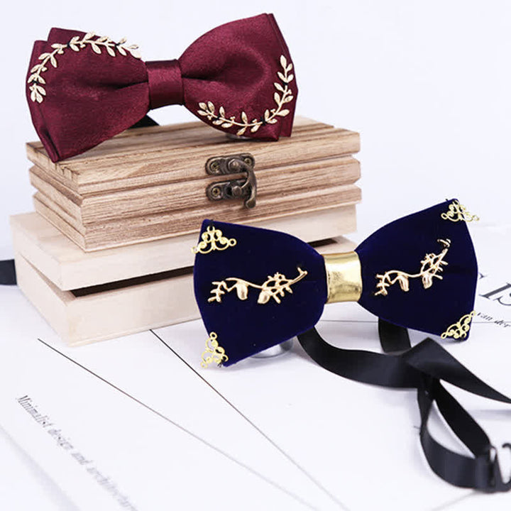 Men's Gold Applique Metal Leaf Decoration Bow Tie