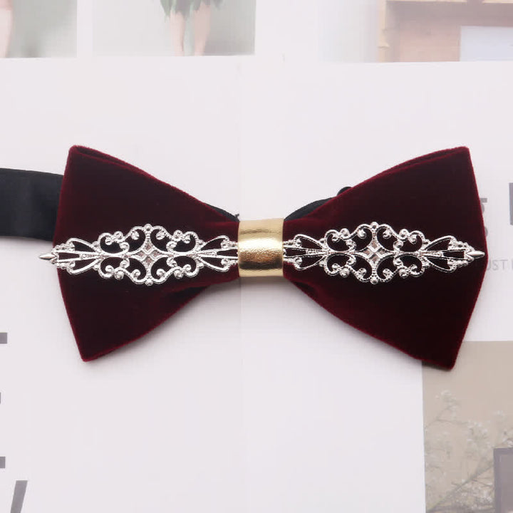 Men's Dark Burgundy Gold Silver Floral Metal Bow Tie