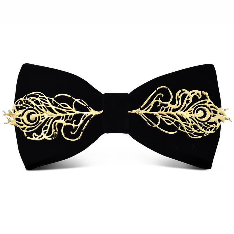 Men's Dark Burgundy Gold Metal Flower Leaves Bow Tie