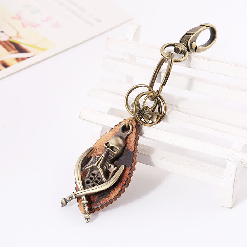 Punk Skeleton Bronze Plated Leather Keychain - image 2