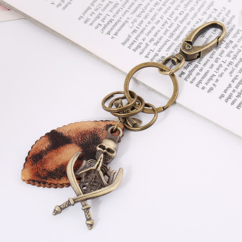 Punk Skeleton Bronze Plated Leather Keychain