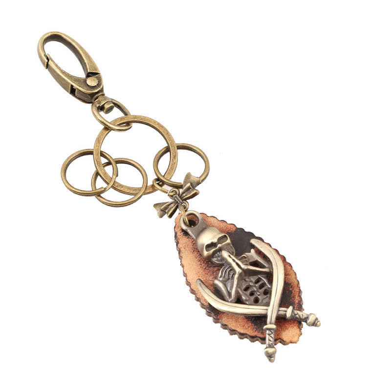 Punk Skeleton Bronze Plated Leather Keychain - image 1
