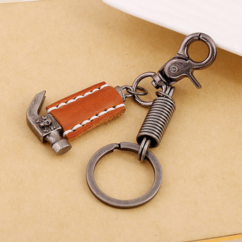Street Style Hammer Carved Skull Leather Keychain - Orange - image 3