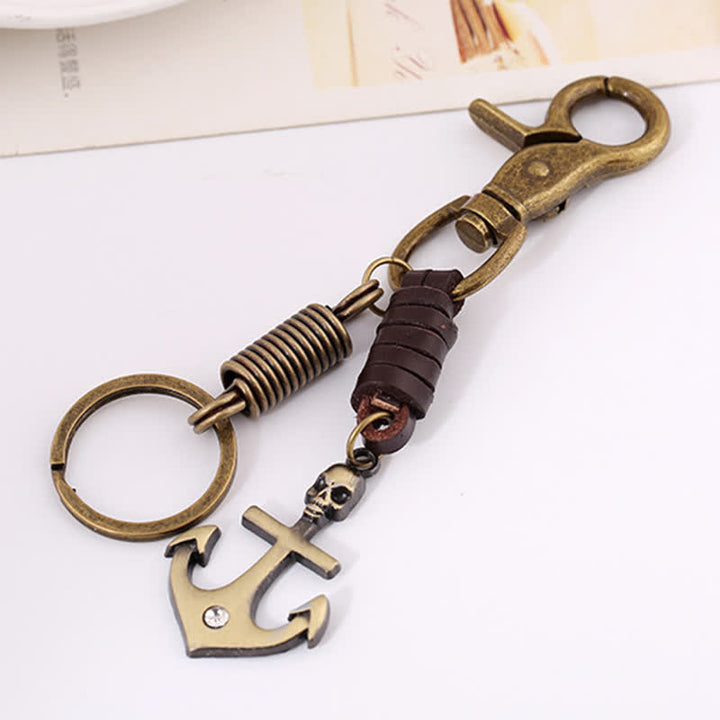 Charming Boat Anchor Skull Leather Keychain