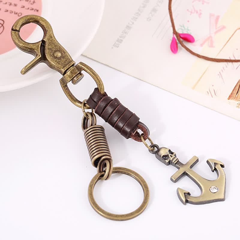 Charming Boat Anchor Skull Leather Keychain