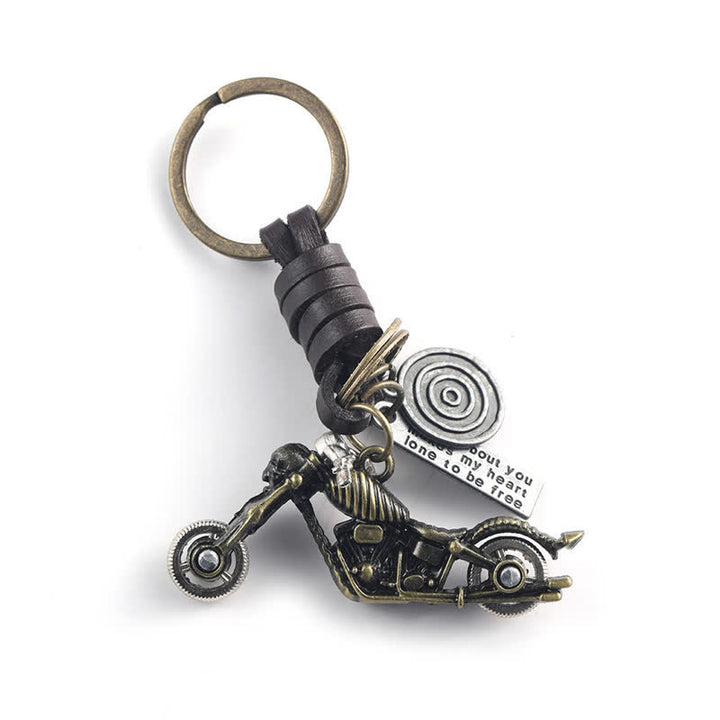 Skull Motorcycle Skeleton Pendant Leather Keychain