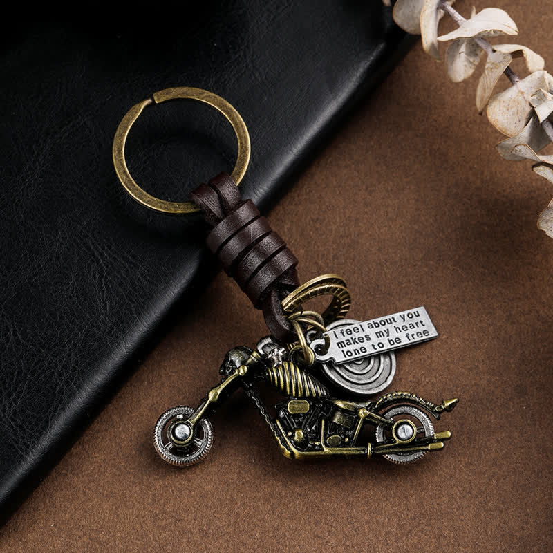 Skull Motorcycle Skeleton Pendant Leather Keychain - Antique Bronze - image 0