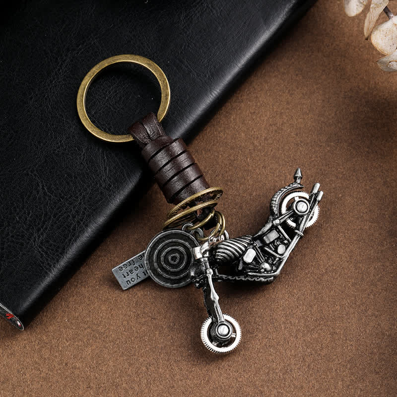 Skull Motorcycle Skeleton Pendant Leather Keychain